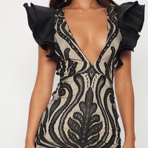 PrettyLittleThing Black Lace Ruffle Detail Plunge Bodycon Dress